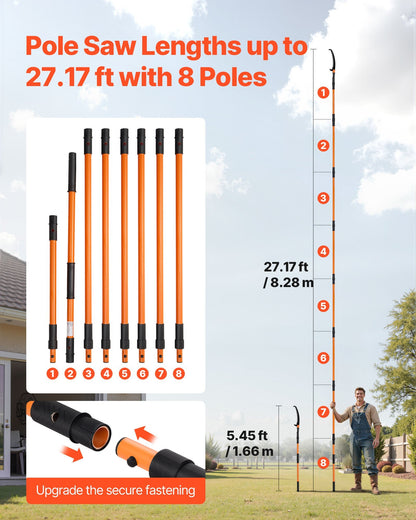 Manual Pole Saw, 4.46-26.4 ft Extendable Tree Pruner, Sharp 65Mn Steel Blade, Lightweight Fiberglass Handle Pole, Two Double-Hook Saws for High Branch Trimming, Pruning Tool for Palms, Shrubs