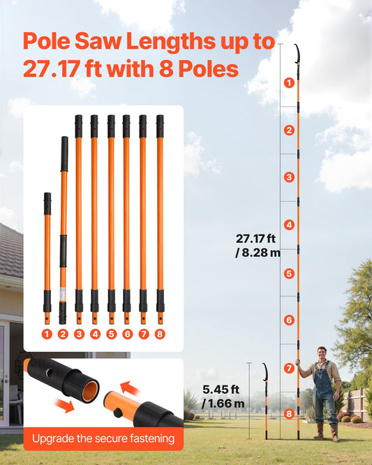 Manual Pole Saw, 4.46-26.4 ft Extendable Tree Pruner, Sharp 65Mn Steel Blade, Lightweight Fiberglass Handle Pole, Two Double-Hook Saws for High Branch Trimming, Pruning Tool for Palms, Shrubs