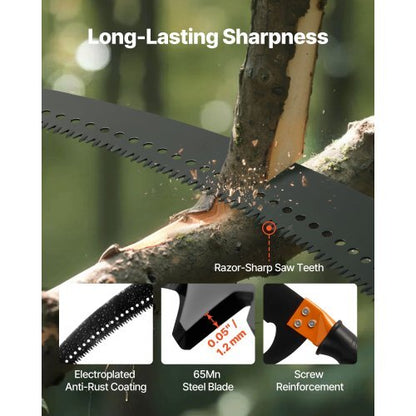 Manual Pole Saw, 4.46-26.4 ft Extendable Tree Pruner, Sharp 65Mn Steel Blade, Lightweight Fiberglass Handle Pole, Two Double-Hook Saws for High Branch Trimming, Pruning Tool for Palms, Shrubs