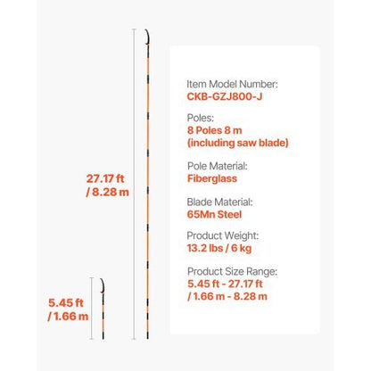 Manual Pole Saw, 4.46-26.4 ft Extendable Tree Pruner, Sharp 65Mn Steel Blade, Lightweight Fiberglass Handle Pole, Two Double-Hook Saws for High Branch Trimming, Pruning Tool for Palms, Shrubs