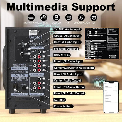 Small Subwooer Home Theater or TV Surround System 5 Wired Speakers Ampliier 4 inch Wooer Built-in Receiver Support ARC Optical B
