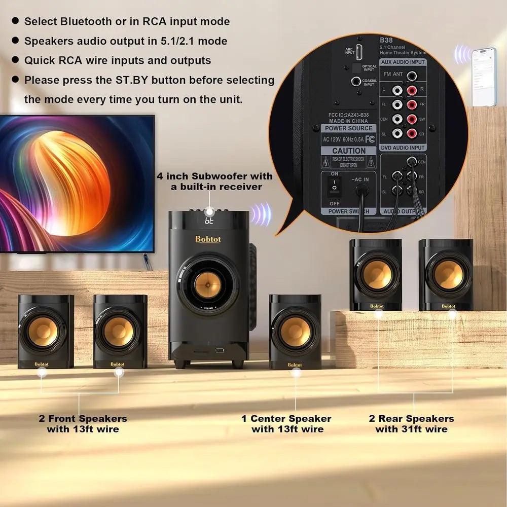 Small Subwooer Home Theater or TV Surround System 5 Wired Speakers Ampliier 4 inch Wooer Built-in Receiver Support ARC Optical B