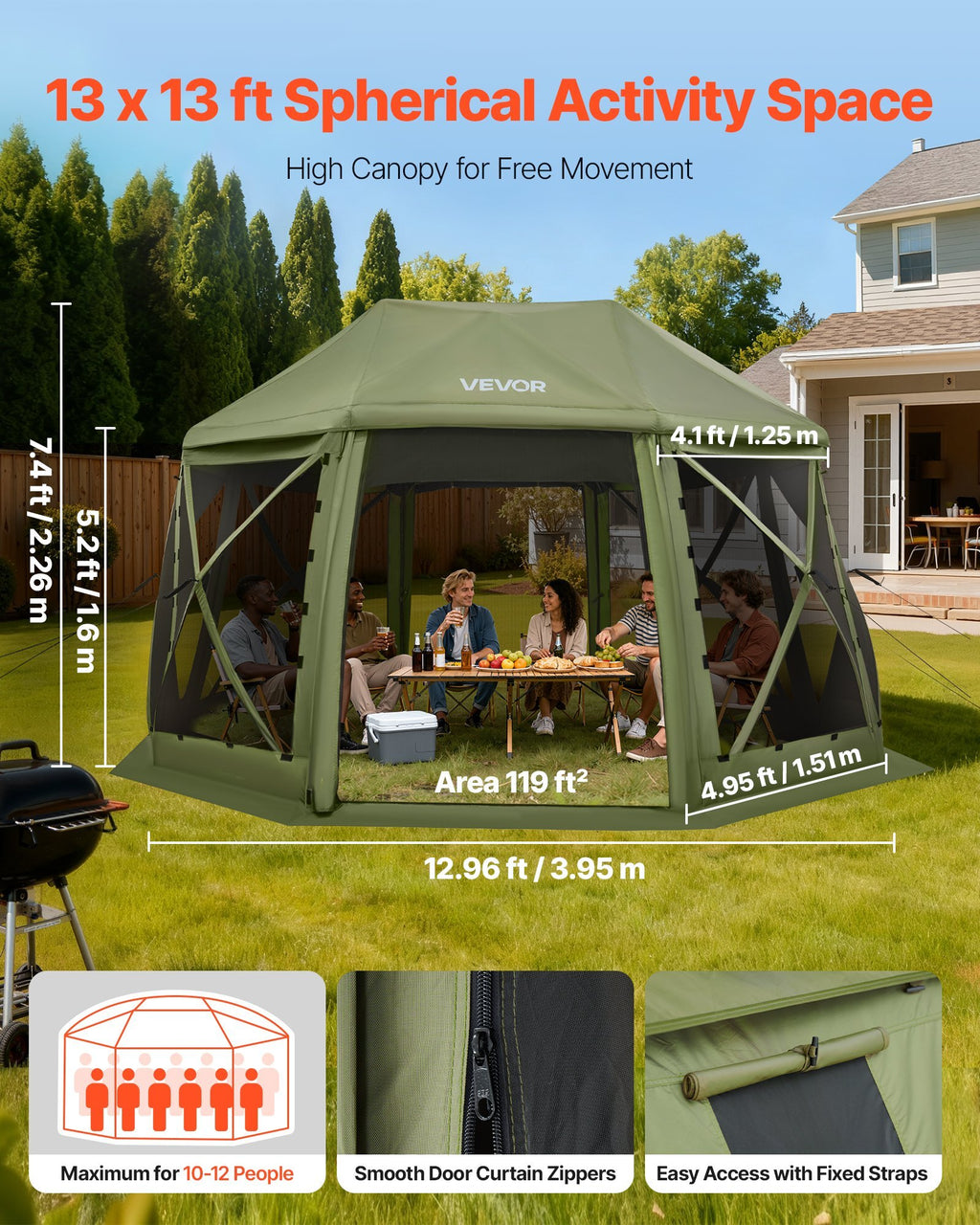 Pop up Gazebo Screen Tent, 13 x 13 ft, 13-Sided Spherical Camping Canopy Tent with Removable Top & Carry Bag, Quick-Set & Bite-Proof, Screen House Sun Shelter for 10-12 Persons, Green
