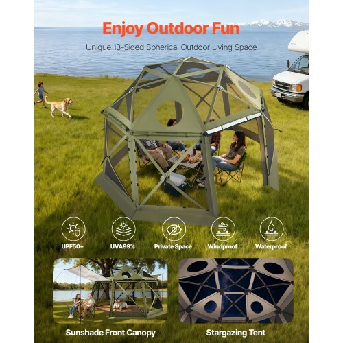 Pop up Gazebo Screen Tent, 13 x 13 ft, 13-Sided Spherical Camping Canopy Tent with Removable Top & Carry Bag, Quick-Set & Bite-Proof, Screen House Sun Shelter for 10-12 Persons, Green