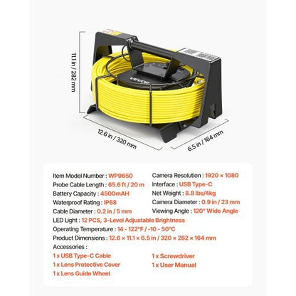 2026 Upgraded Sewer Camera with WiFi, 65.6ft/20m Drain Pipeline Camera, IP68 Snake Plumbing Cameras with Light- 12 LEDS, Wireless WiFi Connectivity to Phone/Tablet for Sewer Duct Pipe Inspection