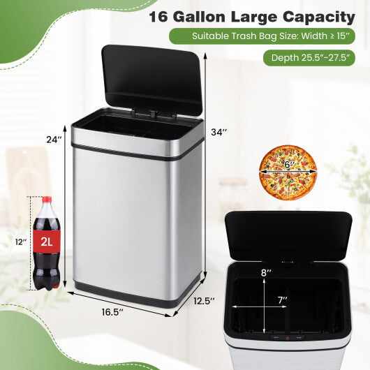 Costway 16 Gallon Trash Can Infrared Motion Sensor Garbage Can with Dual Compartments-Silver - Color: Silver