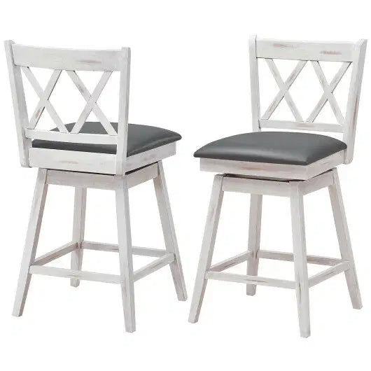 Costway 2 Pieces 24 Inch Swivel Counter Height Barstool Set with Rubber Wood Legs-White - Color: White - Size: 24 inches