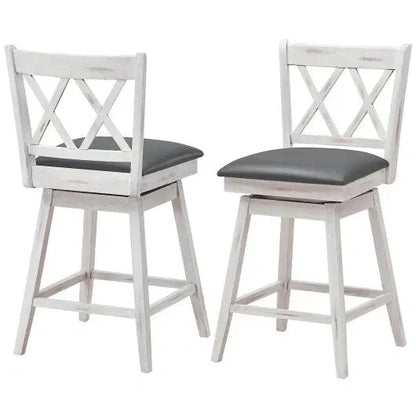 Costway 2 Pieces 24 Inch Swivel Counter Height Barstool Set with Rubber Wood Legs-White - Color: White - Size: 24 inches