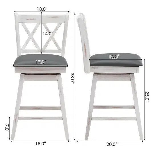 Costway 2 Pieces 24 Inch Swivel Counter Height Barstool Set with Rubber Wood Legs-White - Color: White - Size: 24 inches