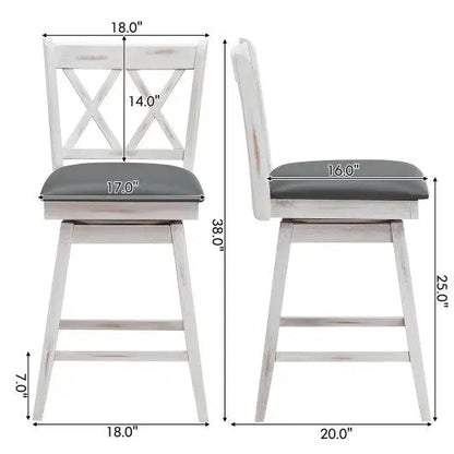 Costway 2 Pieces 24 Inch Swivel Counter Height Barstool Set with Rubber Wood Legs-White - Color: White - Size: 24 inches