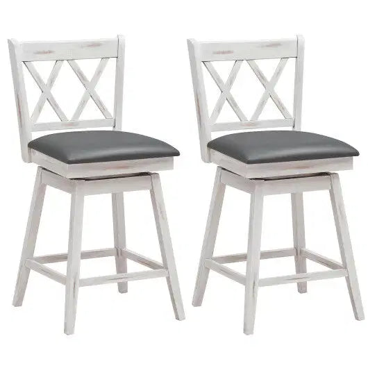 Costway 2 Pieces 24 Inch Swivel Counter Height Barstool Set with Rubber Wood Legs-White - Color: White - Size: 24 inches