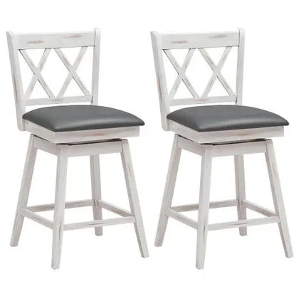 Costway 2 Pieces 24 Inch Swivel Counter Height Barstool Set with Rubber Wood Legs-White - Color: White - Size: 24 inches