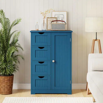 Costway Free-Standing Wooden Cabinet with 4 Drawers and Door Cabinet-Blue