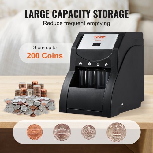 USD Coin Sorter, Coin Sorter Machine for USD Coin 1? 5? 10? 25?, Sorts up to 230 Coins/min, Coin Sorter and Wrapper Machine Holds 200 Coins Included 4 Coin Tubes, Black