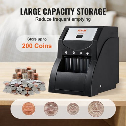 USD Coin Sorter, Coin Sorter Machine for USD Coin 1? 5? 10? 25?, Sorts up to 230 Coins/min, Coin Sorter and Wrapper Machine Holds 200 Coins Included 4 Coin Tubes, Black