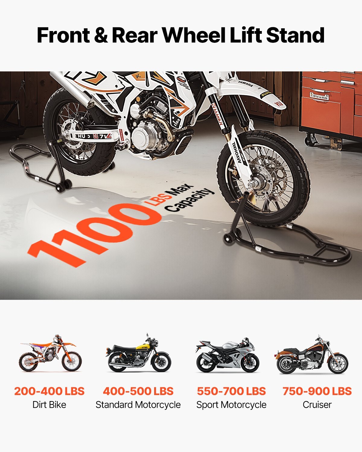 Motorcycle Stand Lift, 1100lbs Capacity Front Rear Combo Stand Lift, Front Wheel Dual-Fork Stand, Rear U+L Fork Swingarm Spool Stand, for Most Yamaha Honda Kawasaki Suzuki Motorcycles, Black