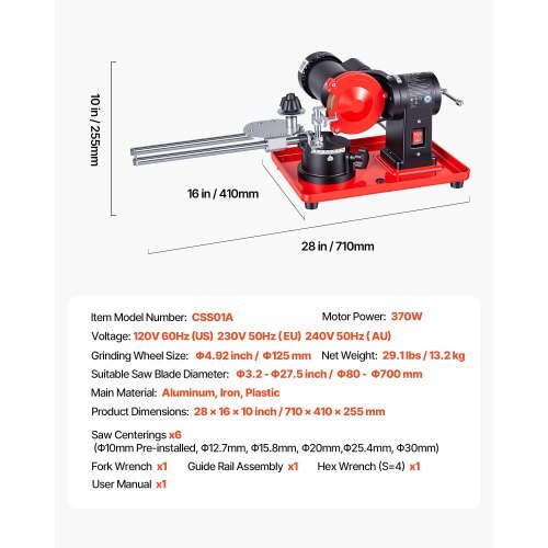 Circular Saw Blade Sharpener, 370W 3590RPM Rotary Angle Mill Grinder Sharpening Machine with 5" Grinding Wheel & 6 Saw Centerings - Fits ?3.2" to ?27.5" Circular Saw Blades