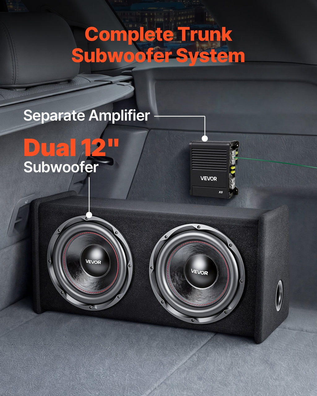 Subwoofer Bass Package, 12 in, 490W RMS, Dual Car Audio Subwoofer and Amp Package, with Loaded Enclosure, Separate Amplifier, and Wiring Kit, for Various Vehicles Trunks, Car Audio Systems