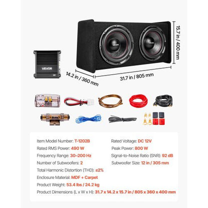 Subwoofer Bass Package, 12 in, 490W RMS, Dual Car Audio Subwoofer and Amp Package, with Loaded Enclosure, Separate Amplifier, and Wiring Kit, for Various Vehicles Trunks, Car Audio Systems