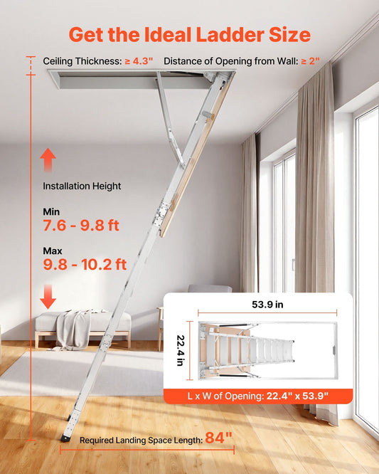 Aluminum Attic Ladder, Fits 9.8'-10.3'/7.66'-9.8' Ceiling Height, 54" x 22.5" Opening, 375 lbs Load Capacity, Multi-Purpose Foldable Lightweight and Portable Attic Stairs for Convenient Access