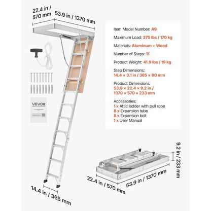 Aluminum Attic Ladder, Fits 9.8'-10.3'/7.66'-9.8' Ceiling Height, 54" x 22.5" Opening, 375 lbs Load Capacity, Multi-Purpose Foldable Lightweight and Portable Attic Stairs for Convenient Access