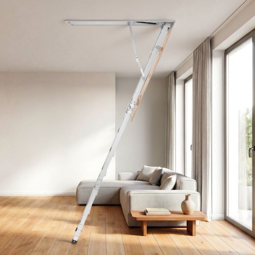 Aluminum Attic Ladder, Fits 9.8'-10.3'/7.66'-9.8' Ceiling Height, 54" x 22.5" Opening, 375 lbs Load Capacity, Multi-Purpose Foldable Lightweight and Portable Attic Stairs for Convenient Access
