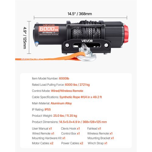 6000 lbs Electric Winch, 12V DC ATV/UTV Winch with ?0.24 in x 49.2 ft Synthetic Rope, Wireless & Wired Remote Control, IP55 Waterproof, with Fairlead Mount Plate for Towing ATV UTV Off-Road