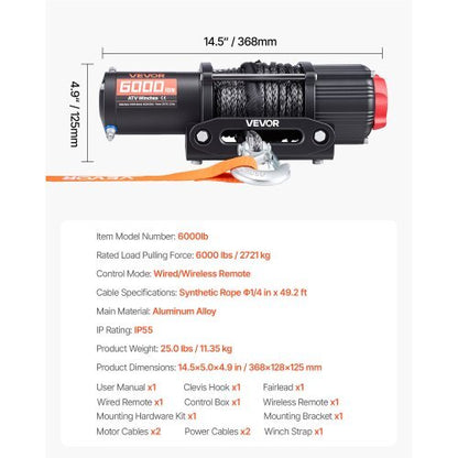 6000 lbs Electric Winch, 12V DC ATV/UTV Winch with ?0.24 in x 49.2 ft Synthetic Rope, Wireless & Wired Remote Control, IP55 Waterproof, with Fairlead Mount Plate for Towing ATV UTV Off-Road