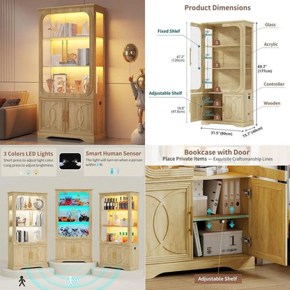 Display Cabinet with Glass Doors and Storage Shelve, Modern Display Cabinet for Collectibles Trophy Case for Display Black 31.5