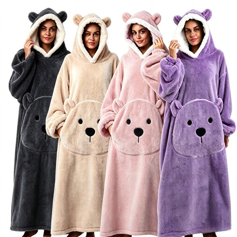 Long Length Bear Fleece Hooded Blanket with Sleeves Extra Thick Warm Wearable TV Throw for Adults Home Sleepwear Couch