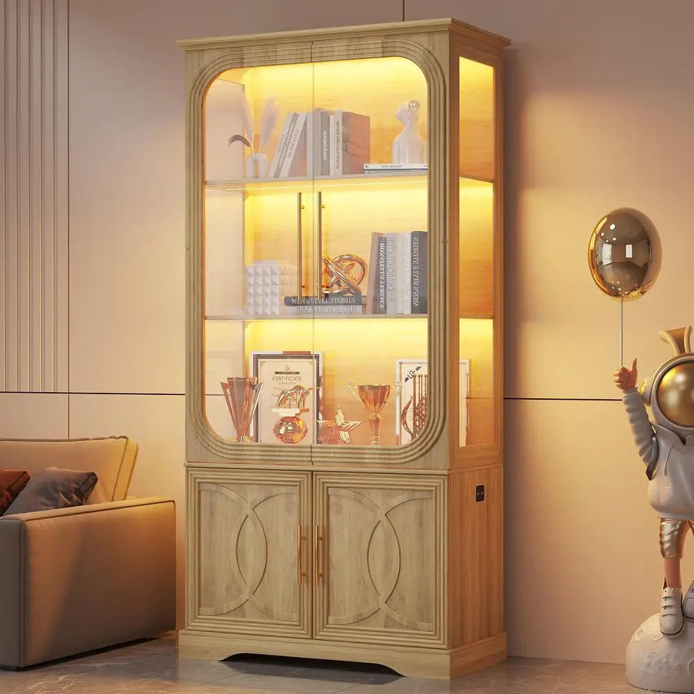 Display Cabinet with Glass Doors and Storage Shelve, Modern Display Cabinet for Collectibles Trophy Case for Display Black 31.5