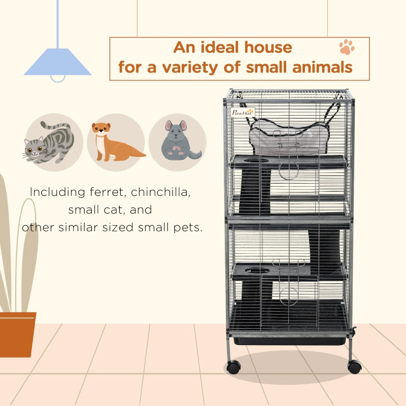 Metal Small Animal Cage Rolling Big Ferret Cage, Chinchilla Cage, Sugar Glider Cage, With Hammock & 4 Tiers, Removable Tray, Gray