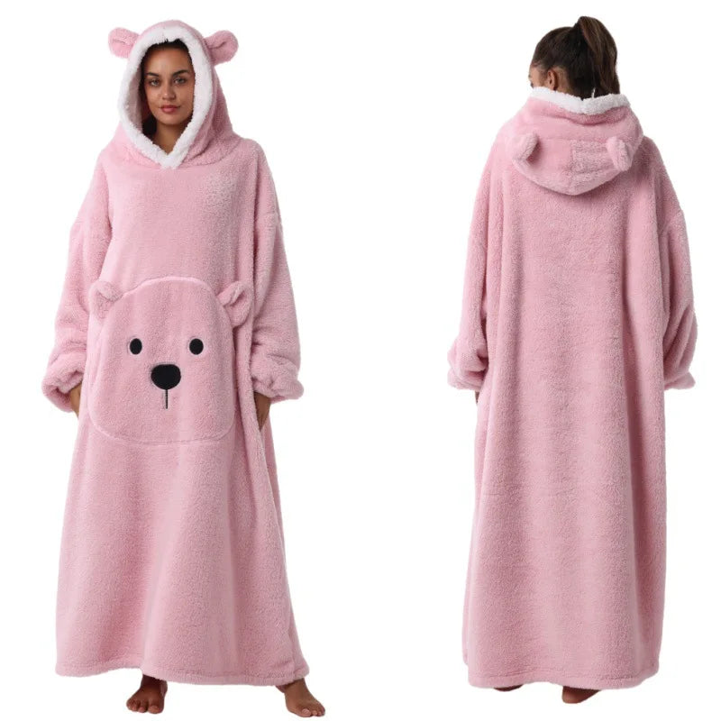 Long Length Bear Fleece Hooded Blanket with Sleeves Extra Thick Warm Wearable TV Throw for Adults Home Sleepwear Couch