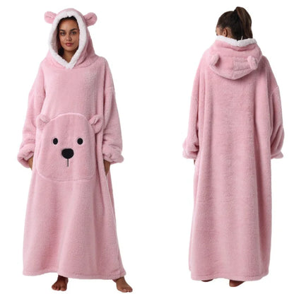 Long Length Bear Fleece Hooded Blanket with Sleeves Extra Thick Warm Wearable TV Throw for Adults Home Sleepwear Couch