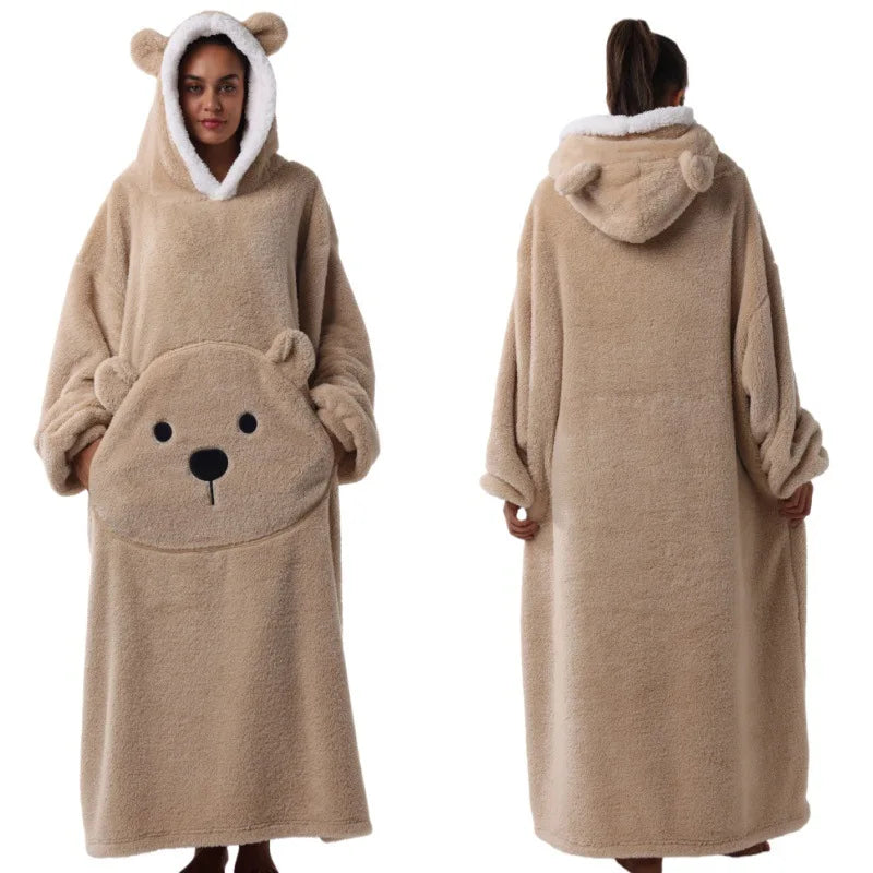 Long Length Bear Fleece Hooded Blanket with Sleeves Extra Thick Warm Wearable TV Throw for Adults Home Sleepwear Couch