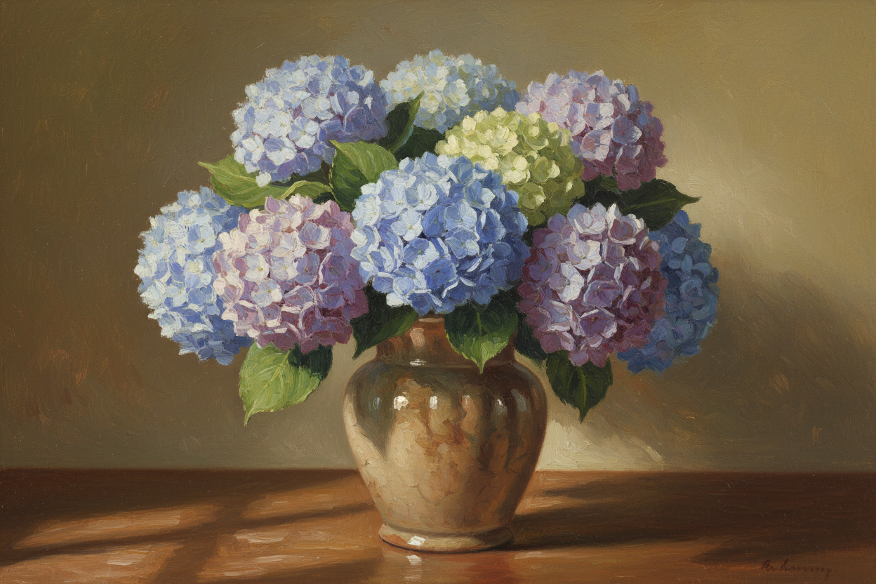 Painting by Albena Hristova floral Hydrangea table piece